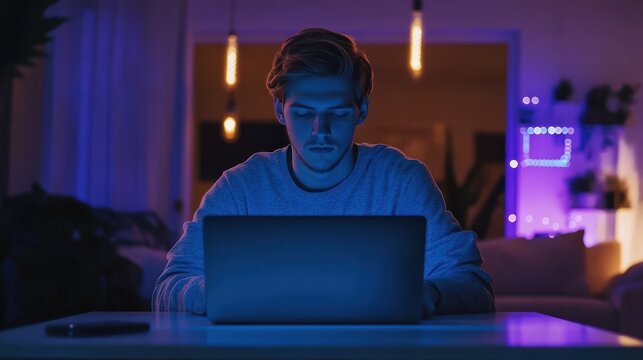 Dedicated programmer engaging in software development with java script code on laptop screen, embracing iot and digital technology innovations
