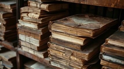 Fototapeta premium Vintage Books Stacked on a Bookshelf - A Glimpse into History