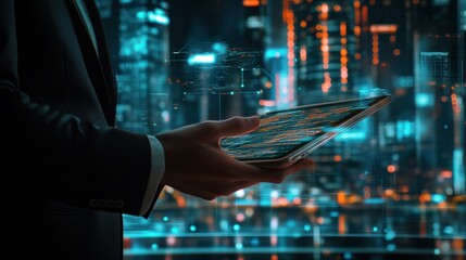 Digital technology, Business network connection, Teamwork, Deal, Partnership and data exchange, Investment analysis, planning and. strategy. Businessman working with digital device on smart city.