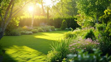 Fototapeta premium Serene Summer Garden Landscape with Lush Greenery and Blooming Flowers