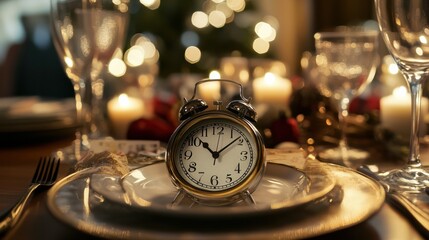 Elegant New Year&acirc;s Eve table setup featuring a clock at 11:59 PM on December 31, 2025. 2025 countdown to midnight