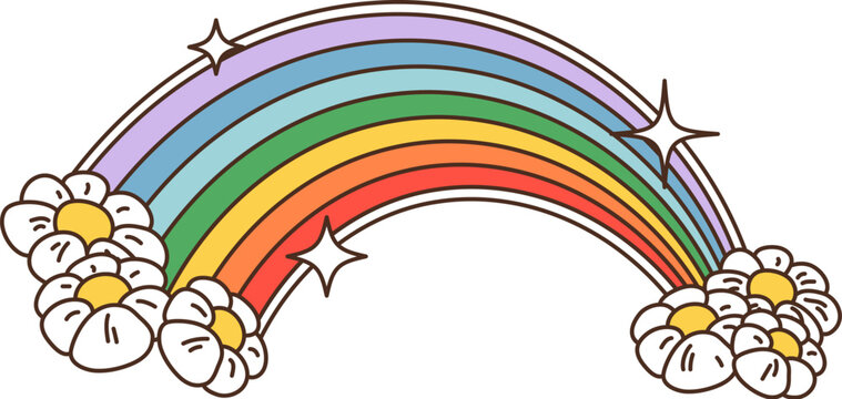 Naklejki Cartoon groovy retro rainbow with daisy flowers and space galaxy stars, vector 70s funky sticker. Groovy hippie funky art symbol of rainbow with flowers and twinkling stars for peace and love sticker