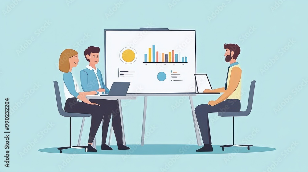 Poster flat design showing a business presentation on a whiteboard with a group of workers.