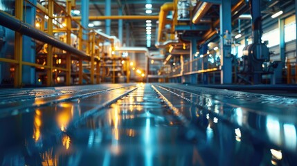 Fototapeta premium A low angle view of a factory floor with pipes and machinery. The floor is wet and reflects the lights overhead.