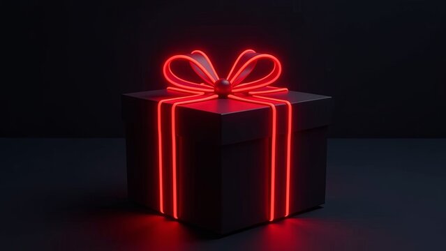  black gift 3d box with red neon bow. rel ribbon, glowing present box, retail promotions, discount events and social media marketing, big sale offer. Black backround
