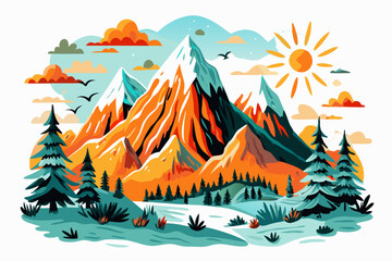 Vibrant Mountain Landscape Illustration with Sun and Trees