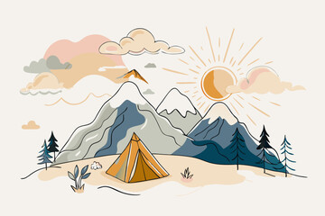 Serene Mountain Camping Scene with Rising Sun Illustration