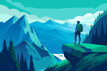 Adventurous Hiker Observing Majestic Mountain View at Dusk
