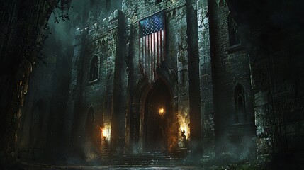 Gothic, medieval-style architecture with an American flag draped over the entrance of an ancient fortress