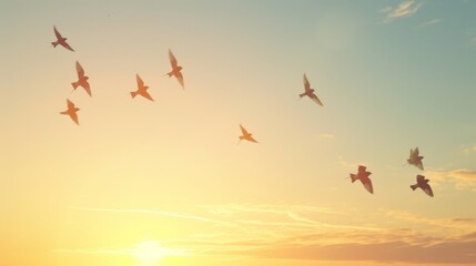 Obraz premium Birds in Flight at Sunset: A Serene Sky Scene