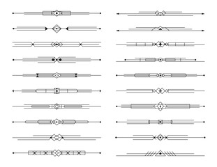 Art deco dividers, menu border elements, elegant line ornament frame of vintage luxury geometric pattern with vector outline abstract shapes. Retro art deco dividers, wedding invitation border lines © Vector Tradition