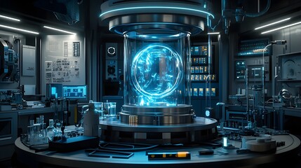 Obraz premium A small stainless steel tank on a laboratory benchtop, surrounded by complex glassware, intricate piping, and softly glowing blue neon lights,Futuristic, High-Detail, Sci-Fi Lab Scene