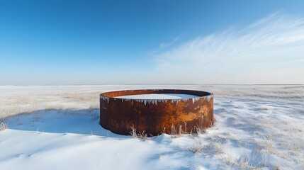 Naklejka premium A solitary steel tank in a desolate snowy field, with frost forming intricate patterns across its surface, reflecting the cold, blue sky