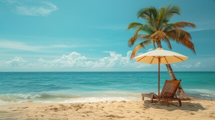 Obraz premium Beautiful outdoor view with umbrella and chair on the beach and sea with coconut palm tree for vacation and travel
