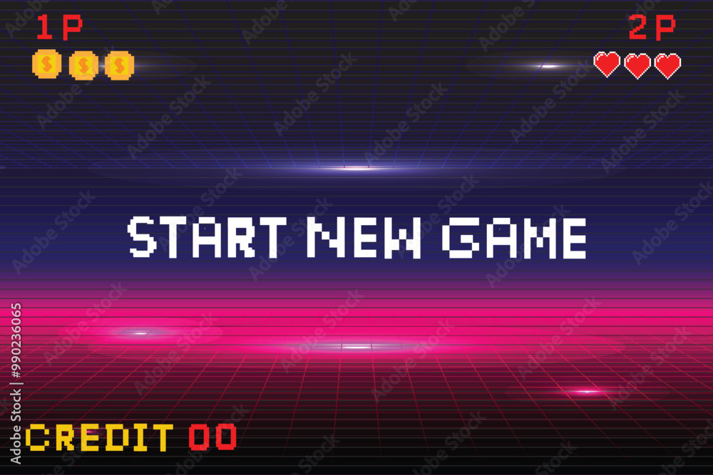 Poster start new game. pixel art background.8 bit game. retro game. for game assets in vector illustrations