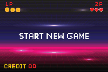 start new game. Pixel art background.8 bit game. retro game. for game assets in vector illustrations. Retro Futurism Sci-Fi Background. glowing neon grid. and stars from vintage arcade comp