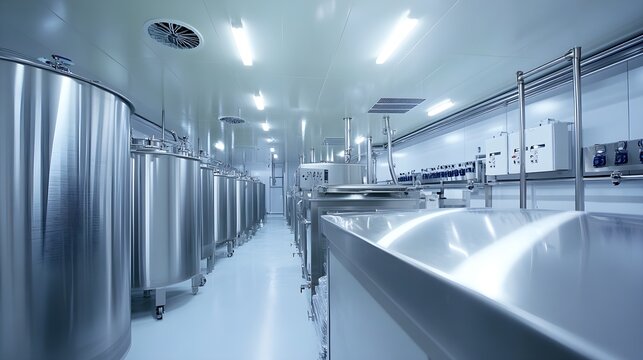 A stainless steel tank in a food processing plant with hygienic design features