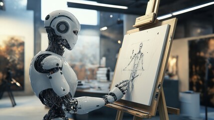 Humanoid AI robot working in an art studio painting a picture, Art making robot, AI artist that can create images and art from a description, ai text to image generator, conceptual illustration