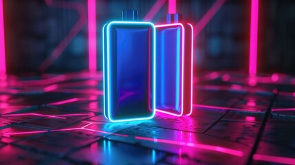 Black Background Blue. Neon Battery Icon with Pink and Blue Lights on High-Tech Floor
