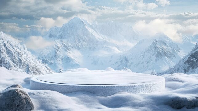 Ice podium background snow winter product platform cold mountain 3D. Podium ice display background cosmetic sky floor blue scene landscape frozen white cool stand pedestal minimal rock glacier nature.