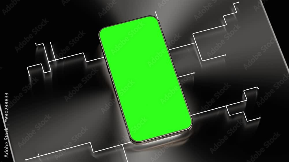 Poster metallic phone mock-up animation. smartphone floating out of metal box background and showing the di