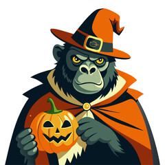 Spooky Gorilla Halloween Costume: A mischievous gorilla dressed in a wizard hat and cape, holding a carved pumpkin for Halloween. This character is perfect for festive decorations, Halloween parties, 