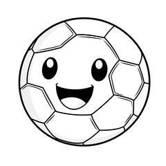 Cartoon ball with a black and white pentagonal pattern and a happy smile, coloring book page for kids