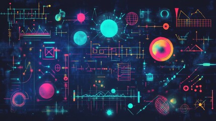 Mathematics and physics study. 2d illustration. Set of mathematical algorithms on constant background. Symbols on dark backdrop.