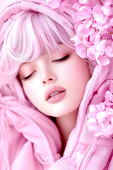A woman with pink hair is wearing a pink hoodie and is surrounded by pink flowers. The image has a soft and dreamy mood, with the pink color palette and the flowers adding a touch of whimsy and beauty