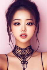 Fototapeta premium A woman with a black necklace and dark hair. She has a very pretty face. The necklace is made of black strings