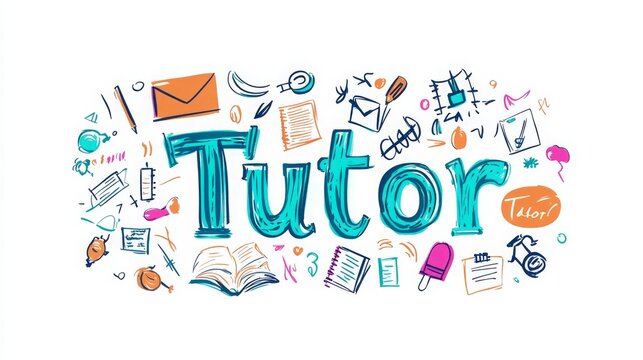 "Tutor" word isolated on white background with icons representing education. 