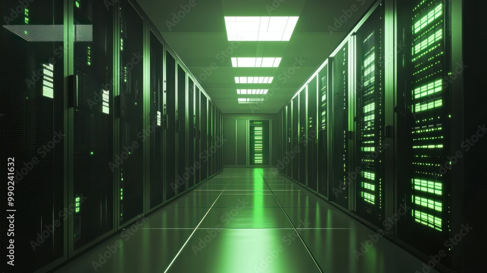 Poster modern network and telecommunication technology computer concept: server room in datacenter, room eq