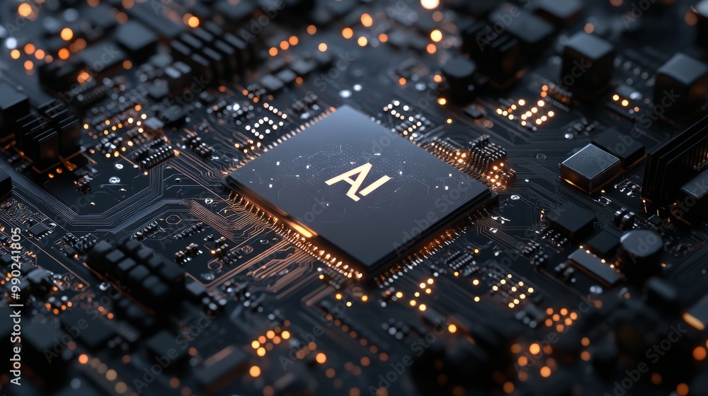 Poster motherboard with ai written on it. concept ai (artificial intelligence) technology, chip ic on pcb, 