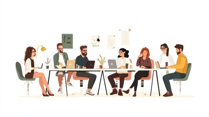 Office people teamwork coworking. Communication and brainstorming. Colored flat illustration. Isolated on white background.