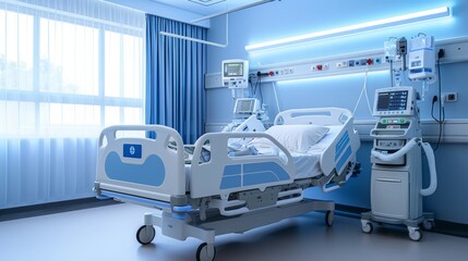 Hospital Room Interior with Medical Equipment and Patient Bed