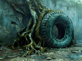 Nature Reclaiming: Overgrown Roots Embrace an Old Tire