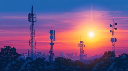 Vibrant Telecommunications Skyline at Sunset