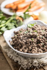 Boiled gnocchi from chicken or beef liver prepared in beef broth