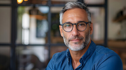 Fototapeta premium Middle-aged guy with eyeglasses and blue shirt