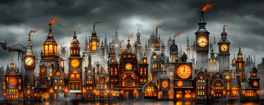 A cityscape with many clocks on the buildings. The city is lit up with lights and has a spooky, eerie atmosphere