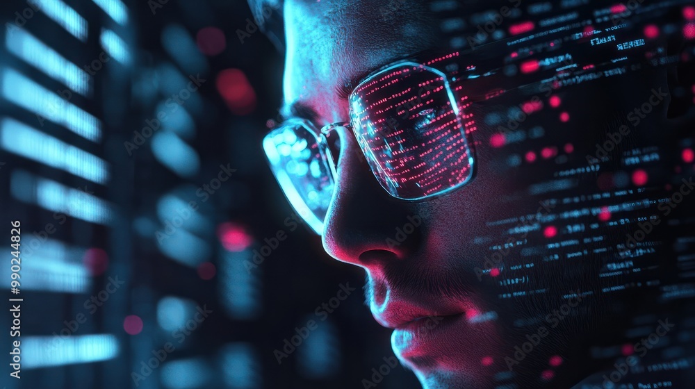 Poster programming coding and man with focus, hologram and trading with cyber security, futuristic and rese