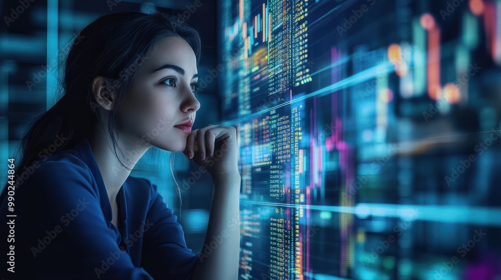 Poster programming coding and woma with focus, hologram and trading with cyber security, futuristic and res