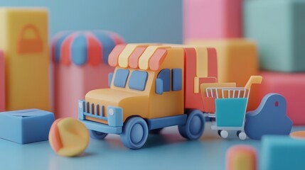 Discover colorful 3D shopping icons: delivery truck, cart, and payment methods
