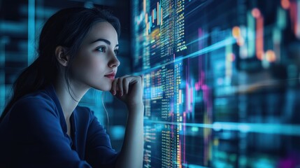 Programming coding and woma with focus, hologram and trading with cyber security, futuristic and research. Investor and employee with data analysis, server or investment with website info