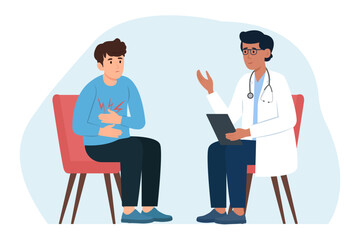 The patient and the doctor are talking in the office. Man with  stomachache visits doctor. Physician consults patient, diagnoses, prescribes treatment.Vector flat  illustration.