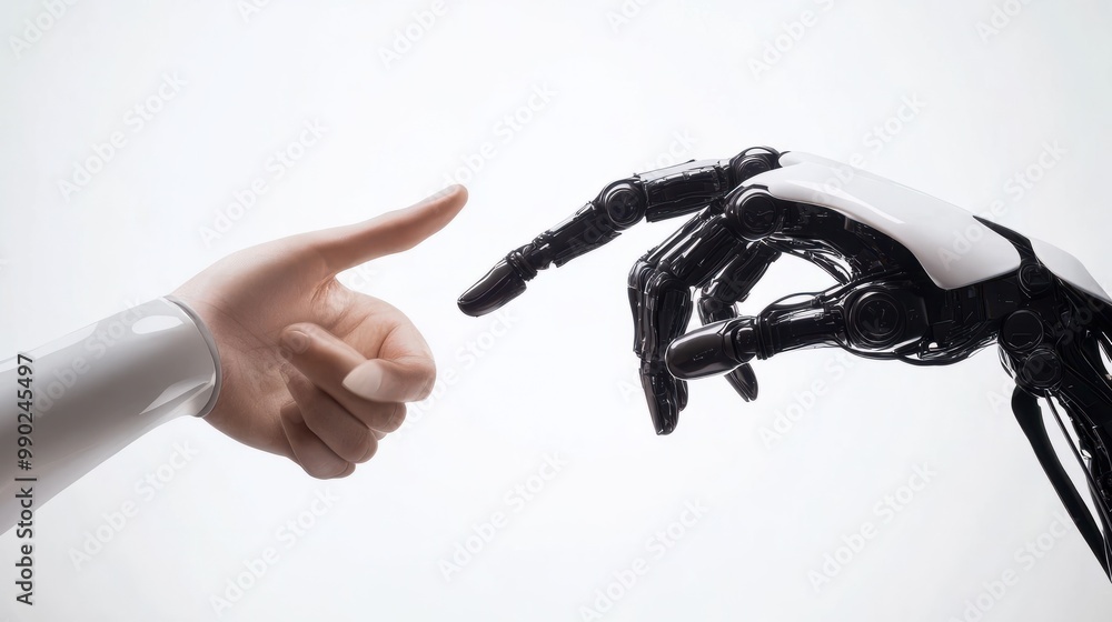 Poster robot and human hand touching their index finger, gesture isolated on white background - concept abo