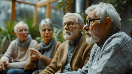 Old people communicating at group therapy meeting. Several male and female senior citizens sharing and talking about their concerns and problems at training workshop seminar