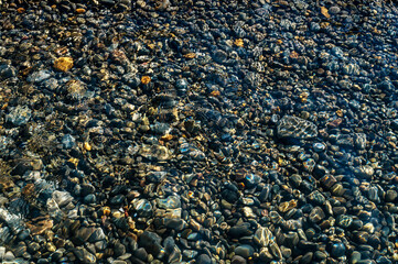 Underwater pebble backgrounds. Colorful stones sea bottom and sea fish in the sun rays. View from above through clear water. Seascape wallpaper texture.