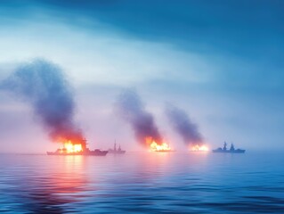 Obraz premium Warships Engaged in Final Battle at Twilight