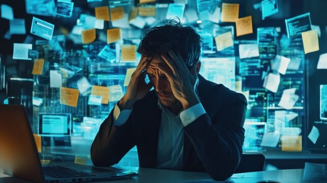 Stressed businessperson overwhelmed by data overload and social media notifications in high-tech office - Powered by Adobe